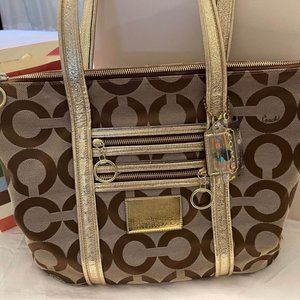 Authentic COACH Op Art Poppy tote bag canvas shoulder beige gold Style #13826